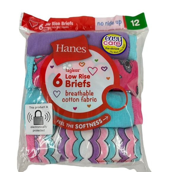 Hanes Low Rise Briefs Gril's Size 12 Cotton 6 Pack Tagless No Ride Up - Picture 1 of 6